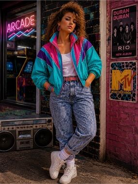 80s Teal Colorblock Bomber Jacket with Pink & Purple Accents Windbreaker